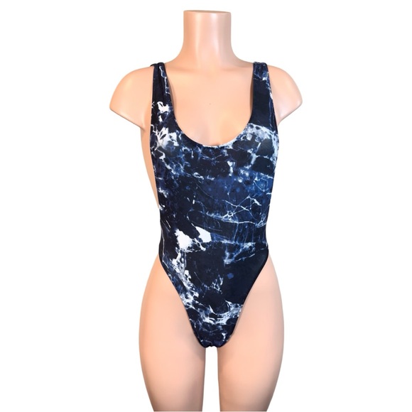 NORMA KAMALI Marissa Swimsuit Blue/ Black Marble SZ M $175 - Picture 3 of 13